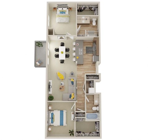 Floor plan for 2 beds, 2 baths, 1196 sqft